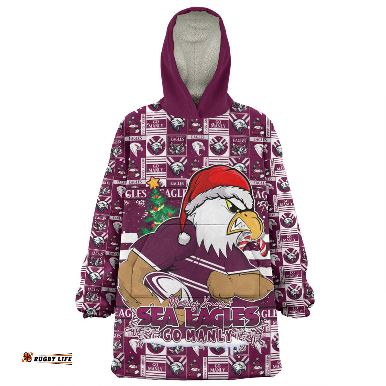 Manly Warringah Sea Eagles Merry Ugly Christmas Comic Style Wearable Blanket Hoodie Aussie Oodie
