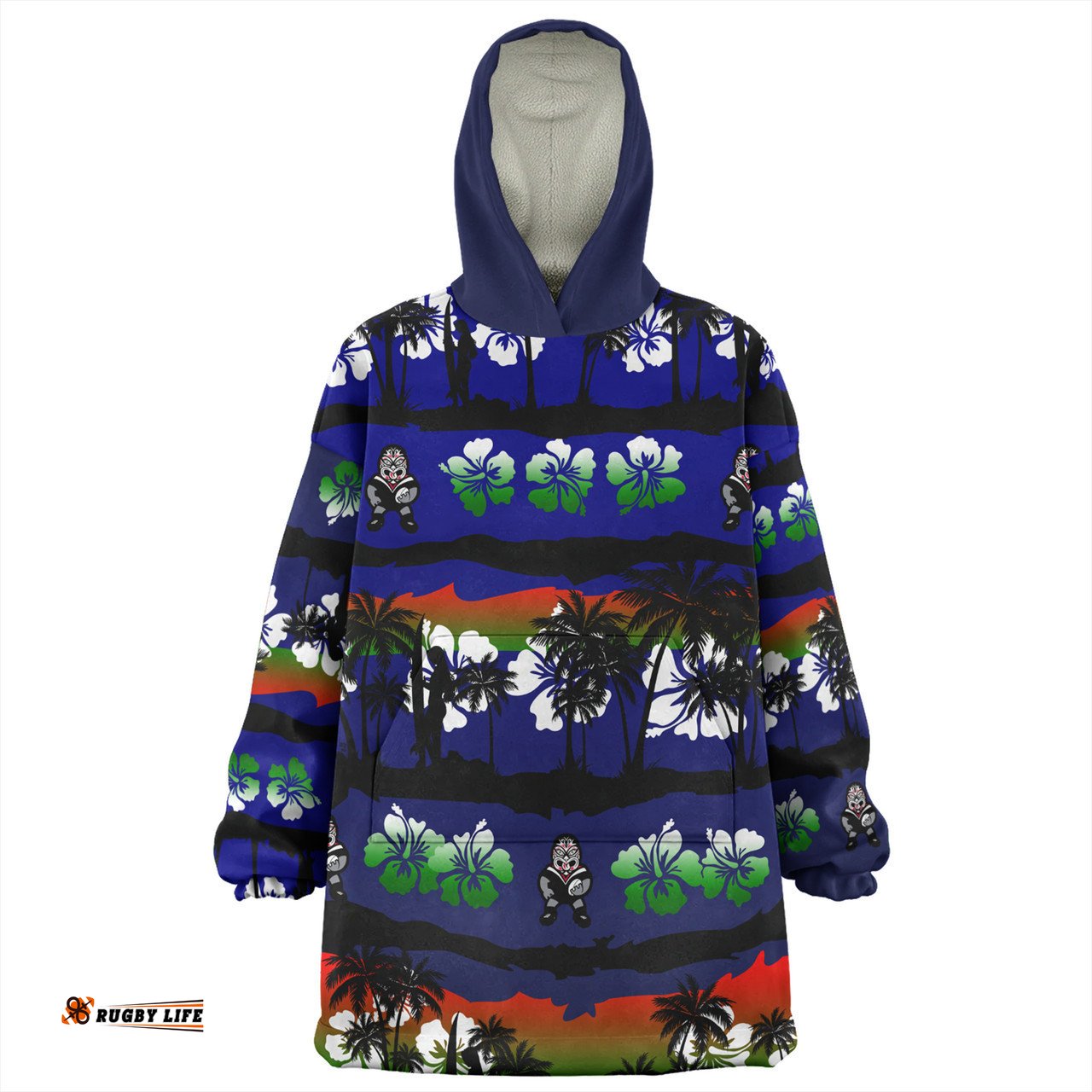 New Zealand Warriors Sport Tropical Hibiscus and Coconut Trees Wearable Blanket Hoodie Aussie Oodie