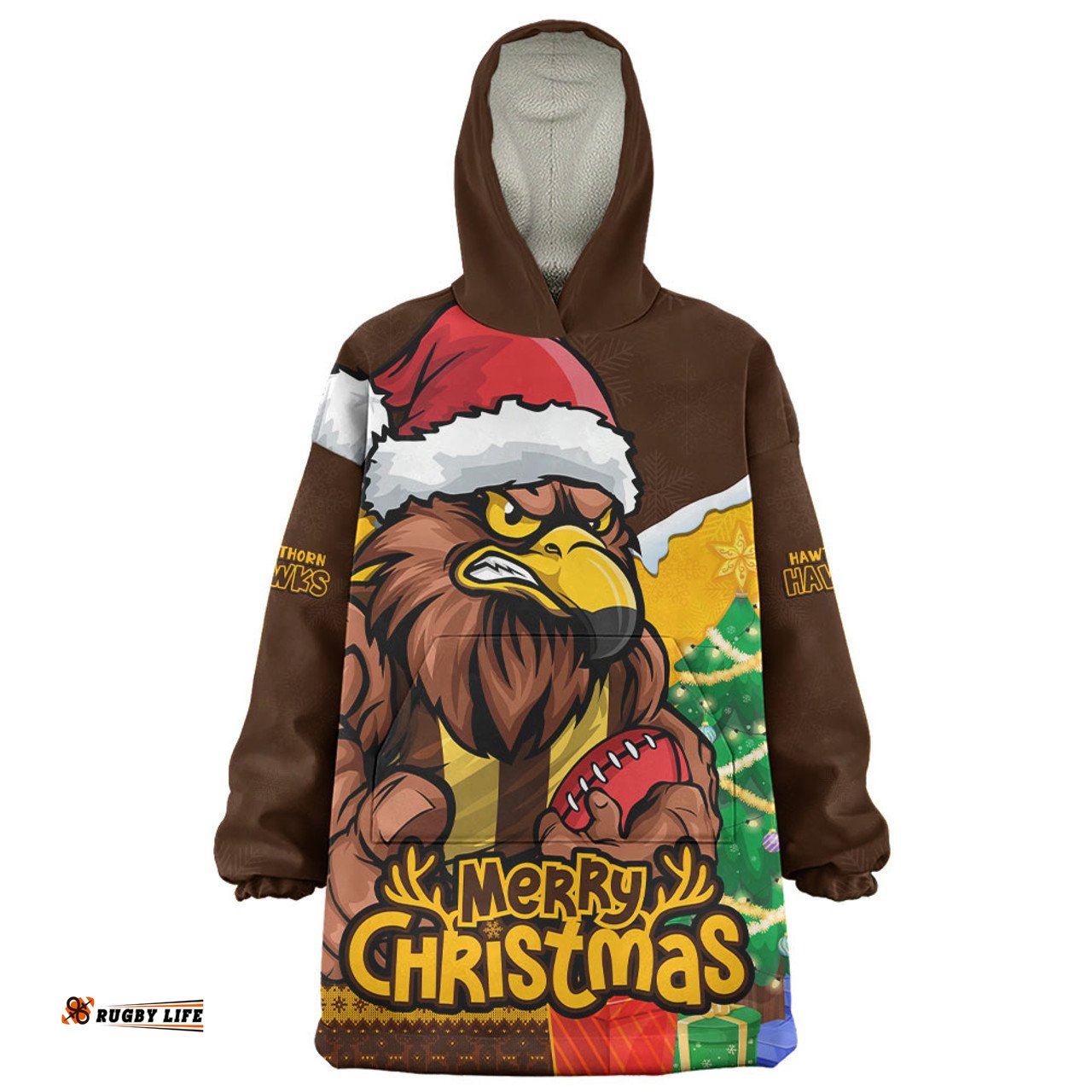 Hawthorn Santa Scoring Touchdown On Christmas Game Day Wearable Blanket Hoodie Aussie Oodie
