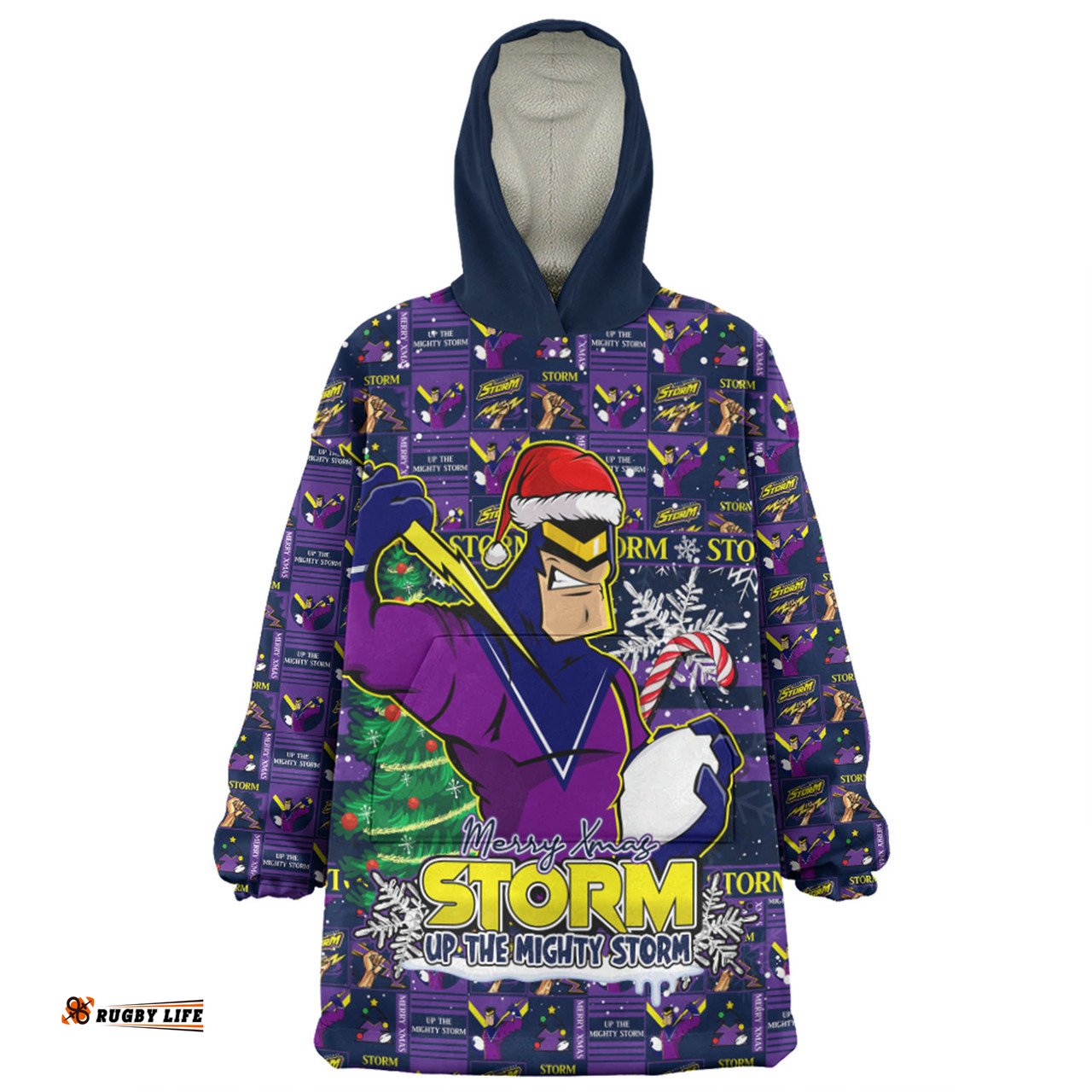 Melbourne Storm Merry Ugly Christmas Comic Style Wearable Blanket Hoodie Aussie Oodie