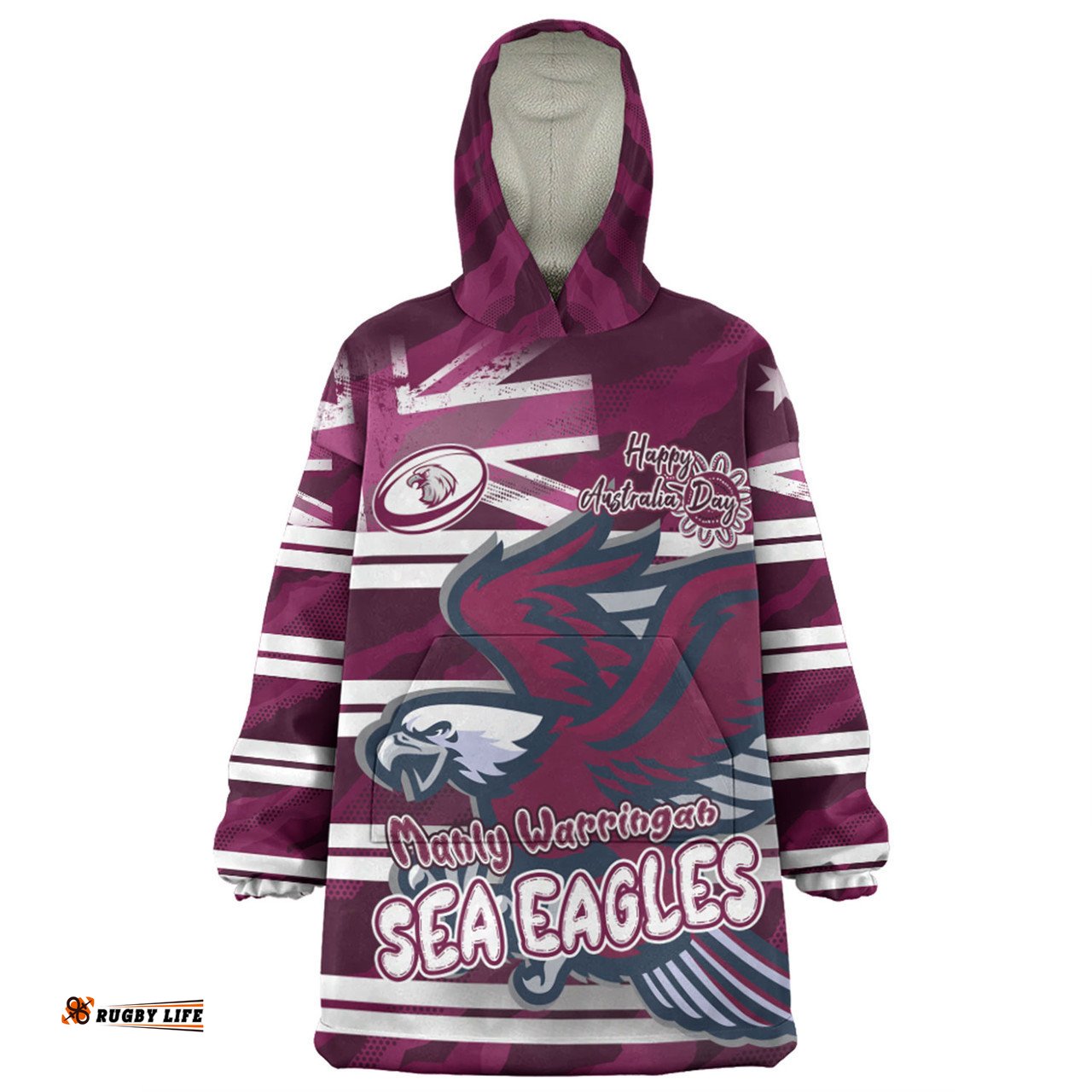 Manly Warringah Sea Eagles Happy Australia Day We Are One And Free Wearable Blanket Hoodie Aussie Oodie