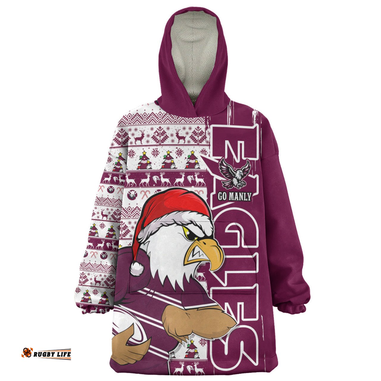 Manly Warringah Sea Eagles Merry Ugly Xmas Nordic Pattern Style Wearable Blanket Hoodie Aussie Oodie