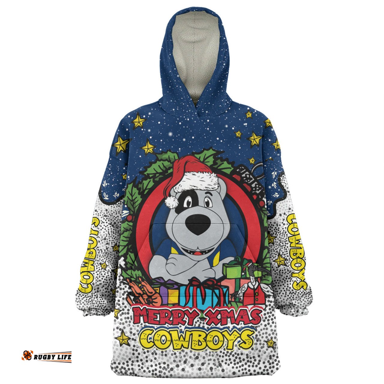 North Queensland Cowboys Christmas Custom Merry Christmas Our Beloved Team With Aboriginal Dot Art Pattern Wearable Blanket Hoodie Aussie Oodie