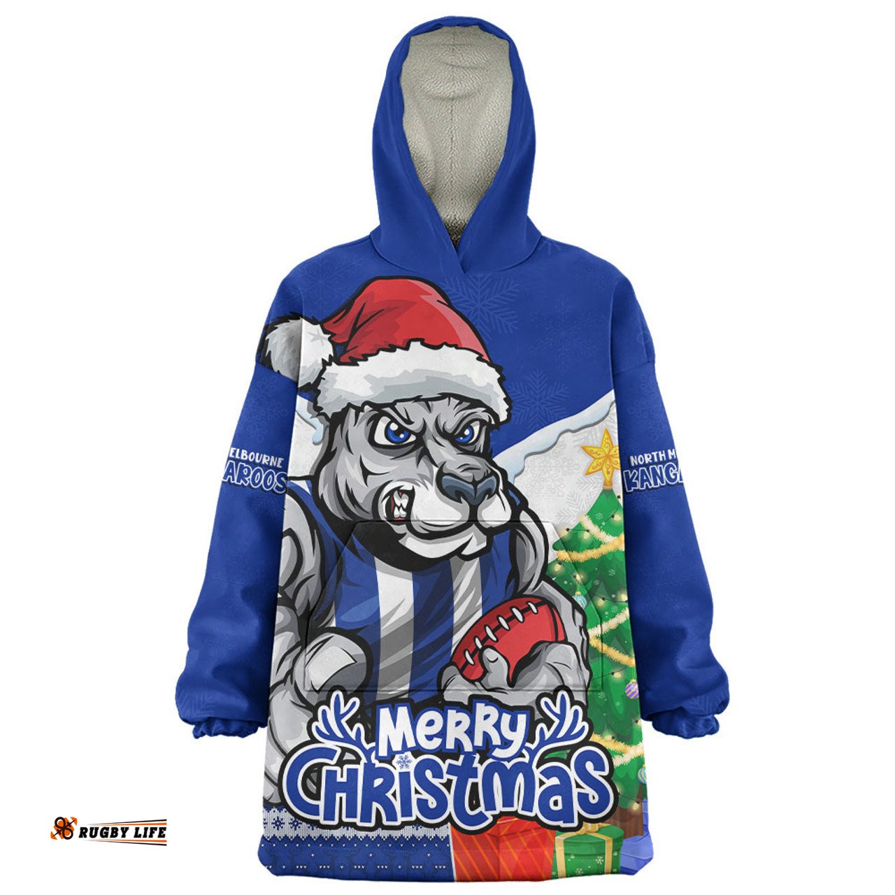North Melbourne Santa Scoring Touchdown On Christmas Game Day Wearable Blanket Hoodie Aussie Oodie
