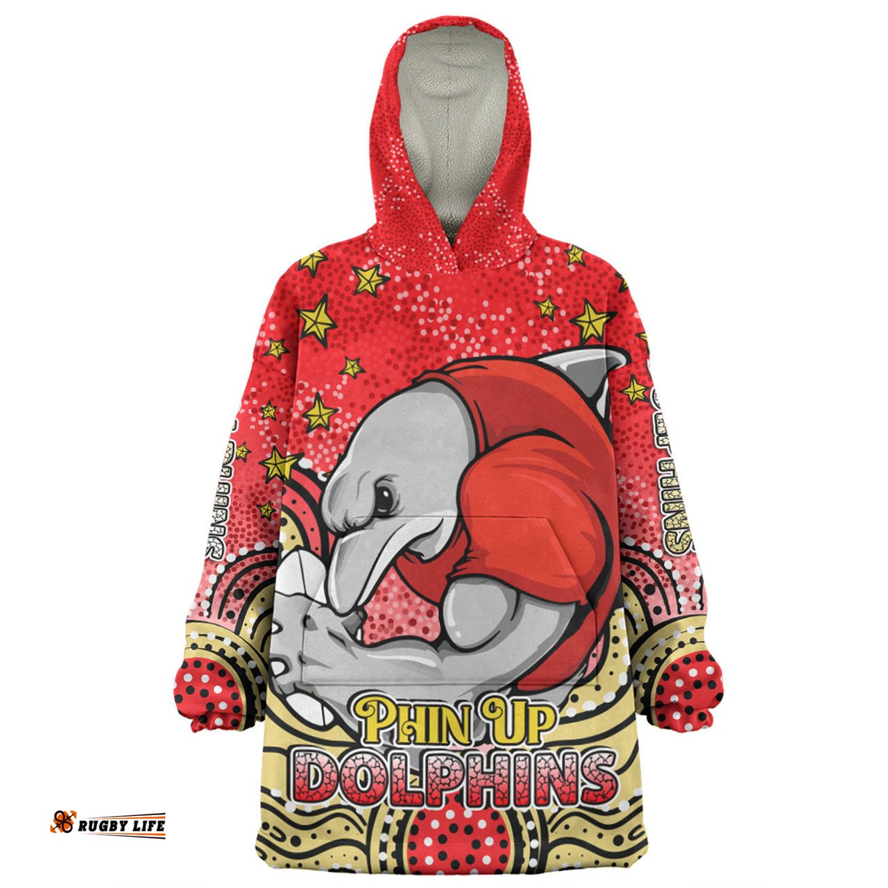 Redcliffe Dolphins Custom Custom With Aboriginal Inspired Style Of Dot Painting Patterns Wearable Blanket Hoodie Aussie Oodie