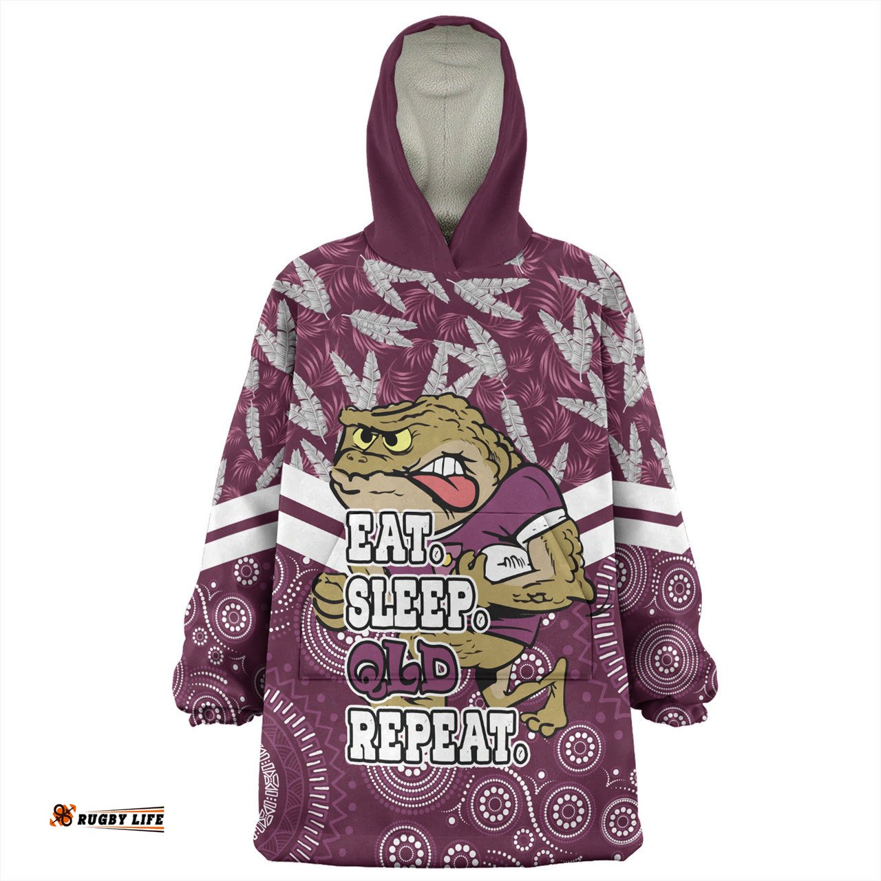 Cane Toads Sport Tropical Patterns And Dot Painting Eat Sleep Rugby Repeat Wearable Blanket Hoodie Aussie Oodie