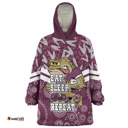 Cane Toads Sport Tropical Patterns And Dot Painting Eat Sleep Rugby Repeat Wearable Blanket Hoodie Aussie Oodie