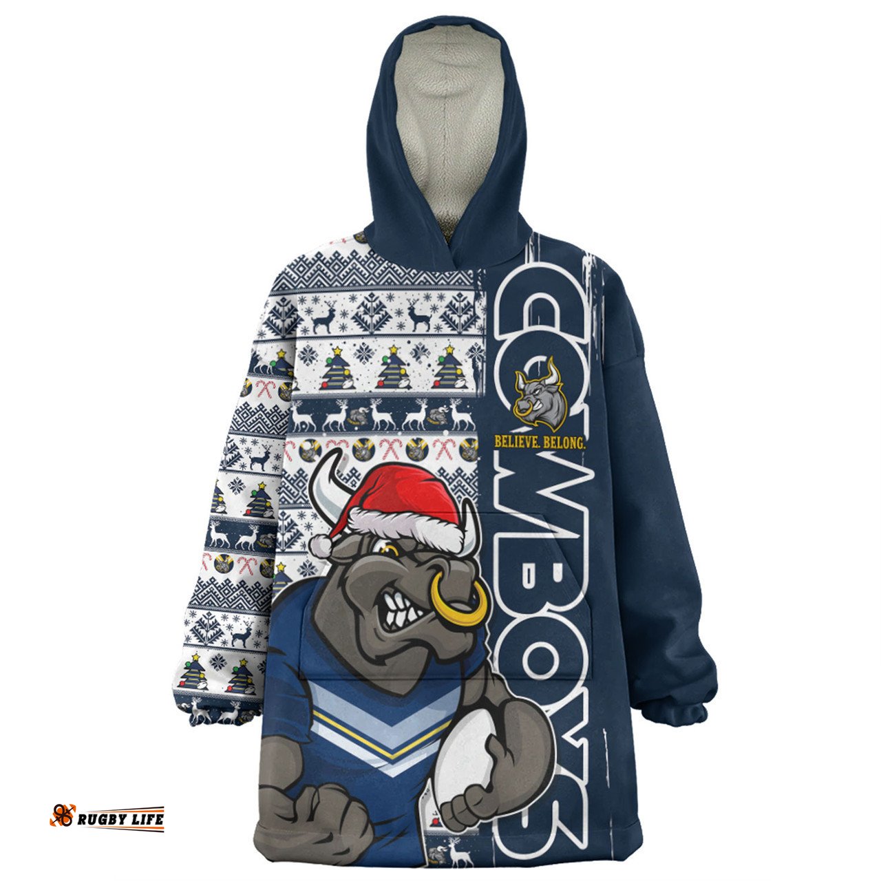 North Queensland Cowboys Merry Ugly Xmas Nordic Pattern Style Wearable Blanket Hoodie Aussie Oodie