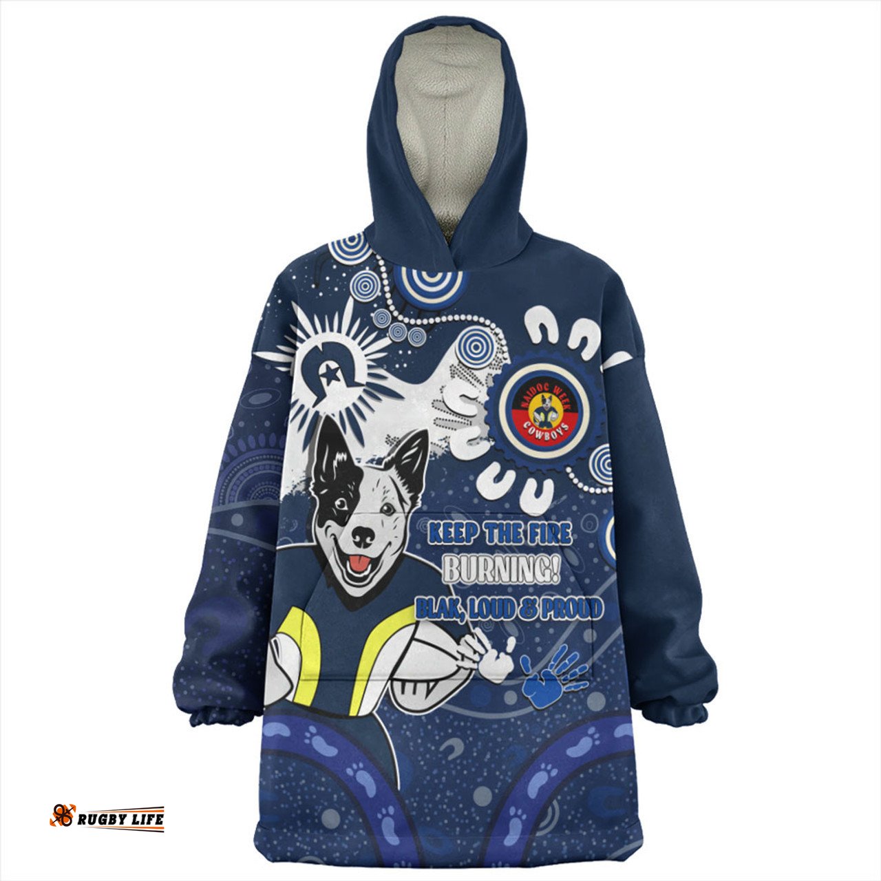 North Queensland Cowboys Aboriginal Indigenous Naidoc Week Dreamtime Dot Painting With Flag Wearable Blanket Hoodie Aussie Oodie