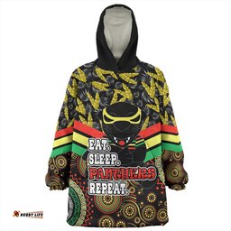 Penrith Panthers Tropical Patterns And Dot Painting Eat Sleep Rugby Repeat Wearable Blanket Hoodie Aussie Oodie