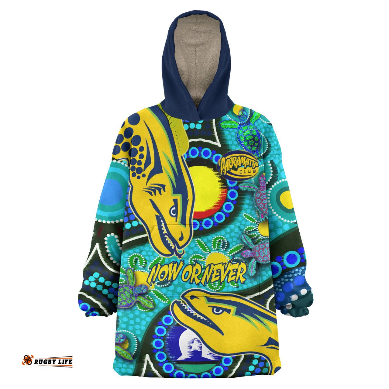 Parramatta Eels Custom Parramatta Eels Now Or Never Indigenous Culture Flag Dot Painting Wearable Blanket Hoodie Aussie Oodie