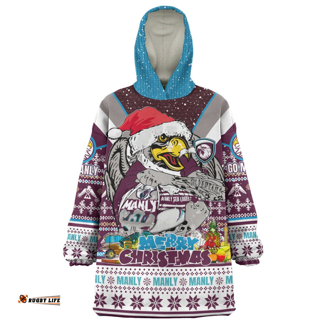 Manly Warringah Sea Eagles Christmas Custom Manly Santa Aussie Big Things Wearable Blanket Hoodie Aussie Oodie