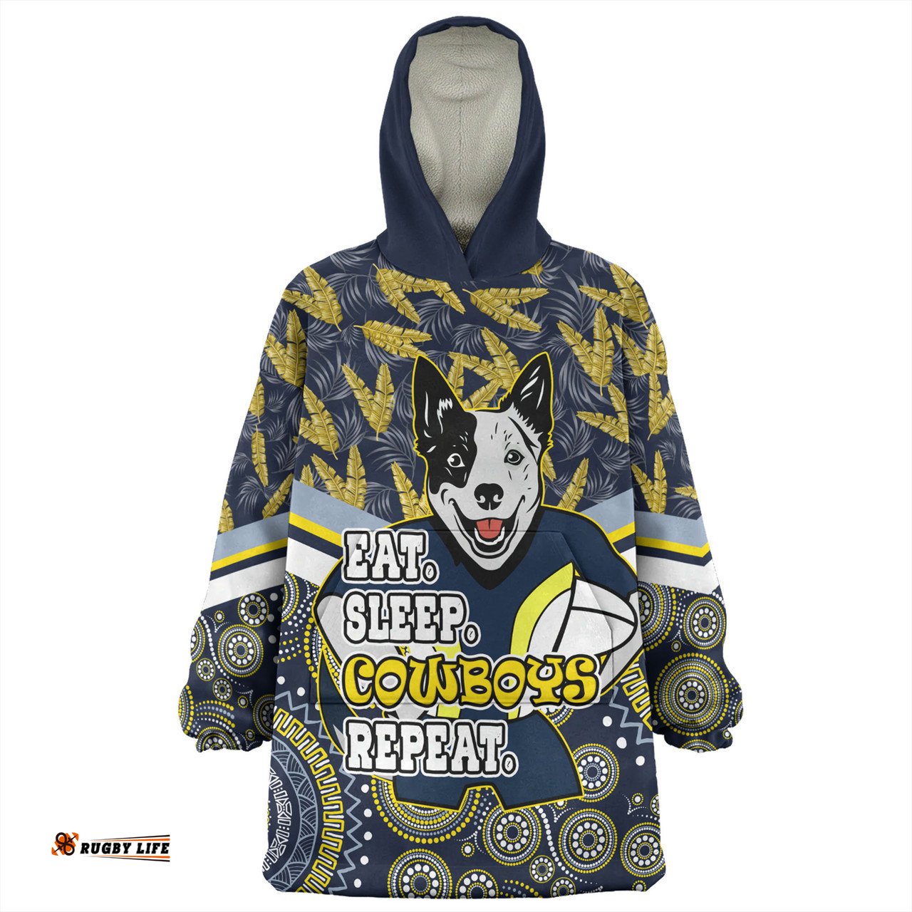 North Queensland Cowboys Tropical Patterns And Dot Painting Eat Sleep Rugby Repeat Wearable Blanket Hoodie Aussie Oodie