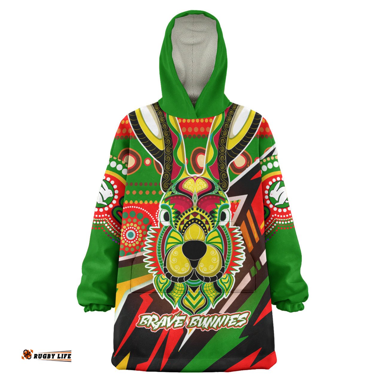 South Sydney Rabbitohs Brave Bunnies Go the Mighty Heroes Indigenous Wearable Blanket Hoodie Aussie Oodie
