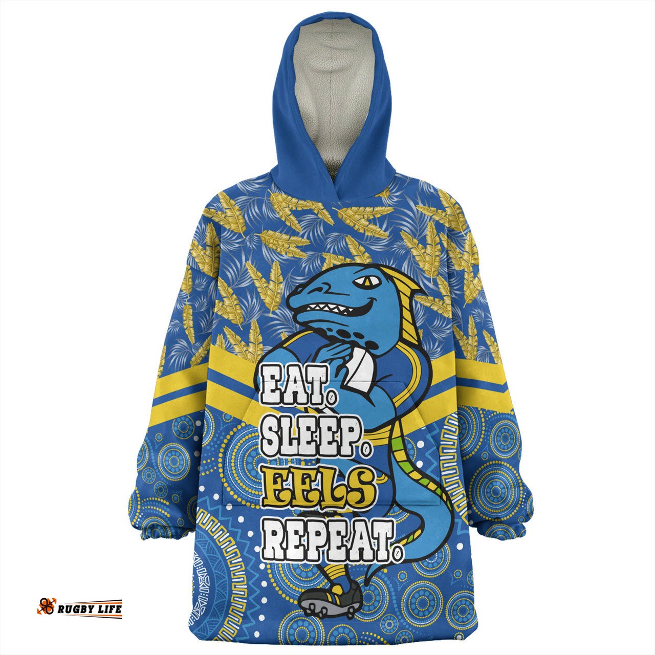 Parramatta Eels Sport Tropical Patterns And Dot Painting Eat Sleep Rugby Repeat Wearable Blanket Hoodie Aussie Oodie