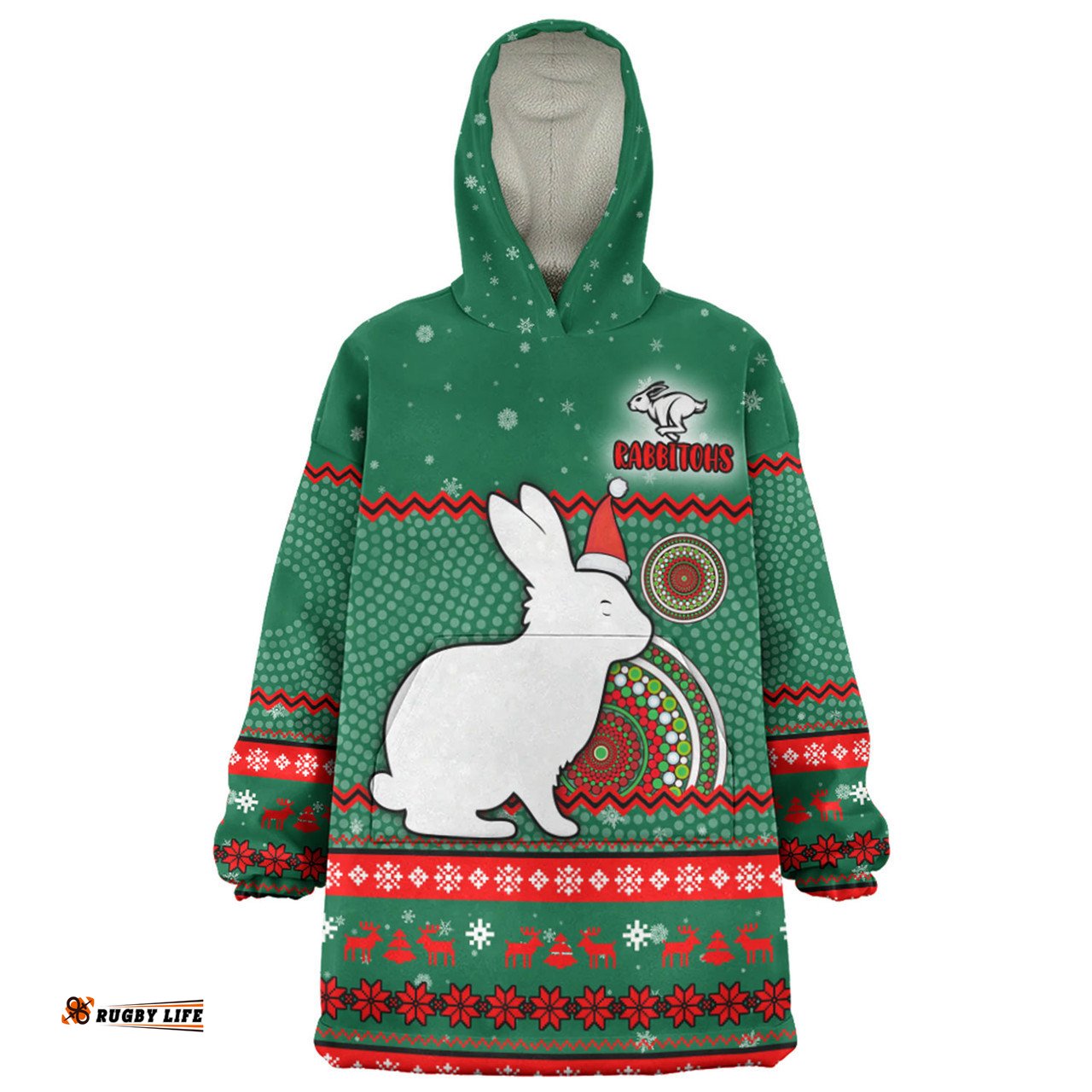 South Sydney Rabbitohs Custom Ugly Xmas And Aboriginal Patterns For Die Hard Fan Wearable Blanket Hoodie Aussie Oodie