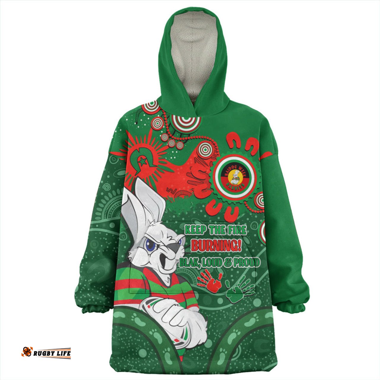 South Sydney Rabbitohs Aboriginal Indigenous Naidoc Week Dreamtime Dot Painting With Flag Wearable Blanket Hoodie Aussie Oodie