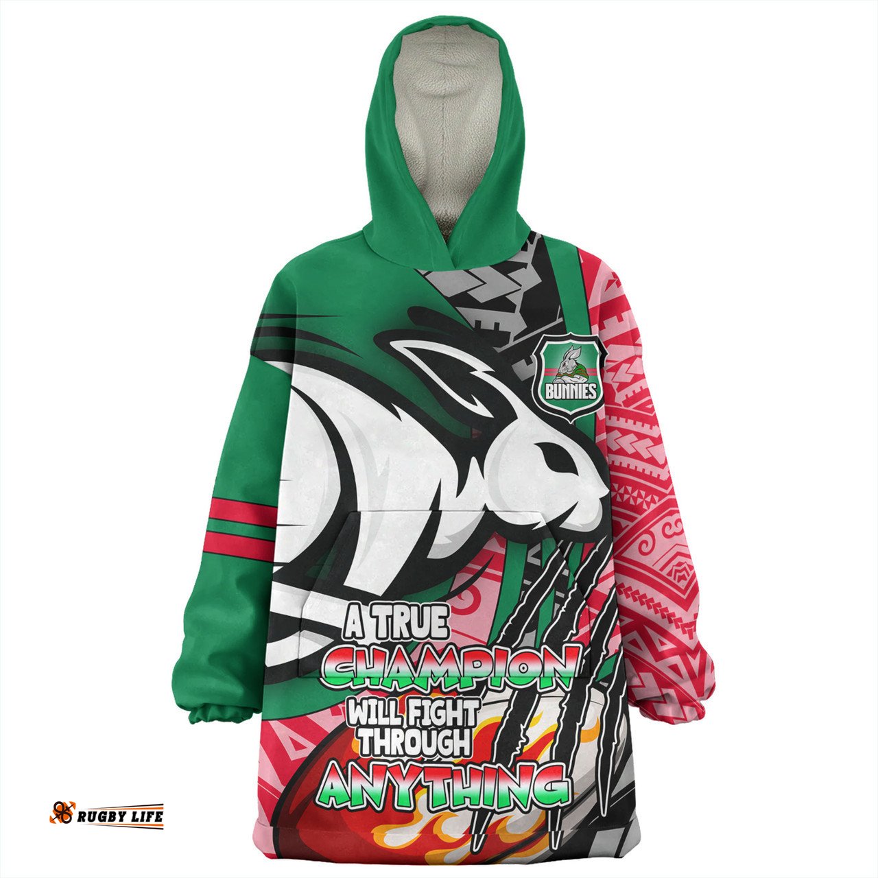South Sydney Rabbitohs Grand Final A True Champion Will Fight Through Anything With Polynesian Patterns Wearable Blanket Hoodie Aussie Oodie