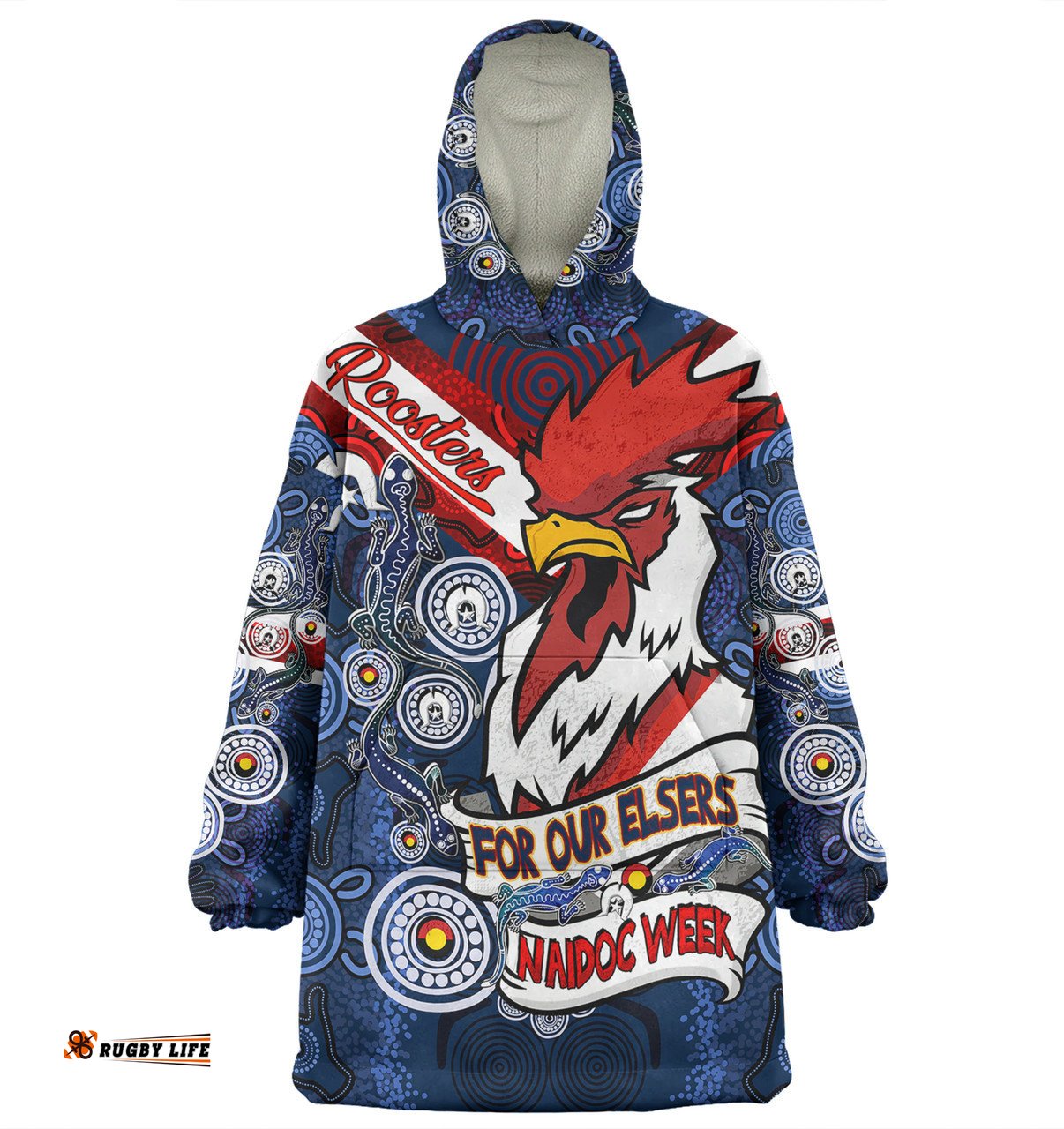 Sydney Roosters Naidoc Week Custom Sydney Roosters Naidoc WeekFor Our Elders Dot Art Style With Lizard Wearable Blanket Hoodie Aussie Oodie