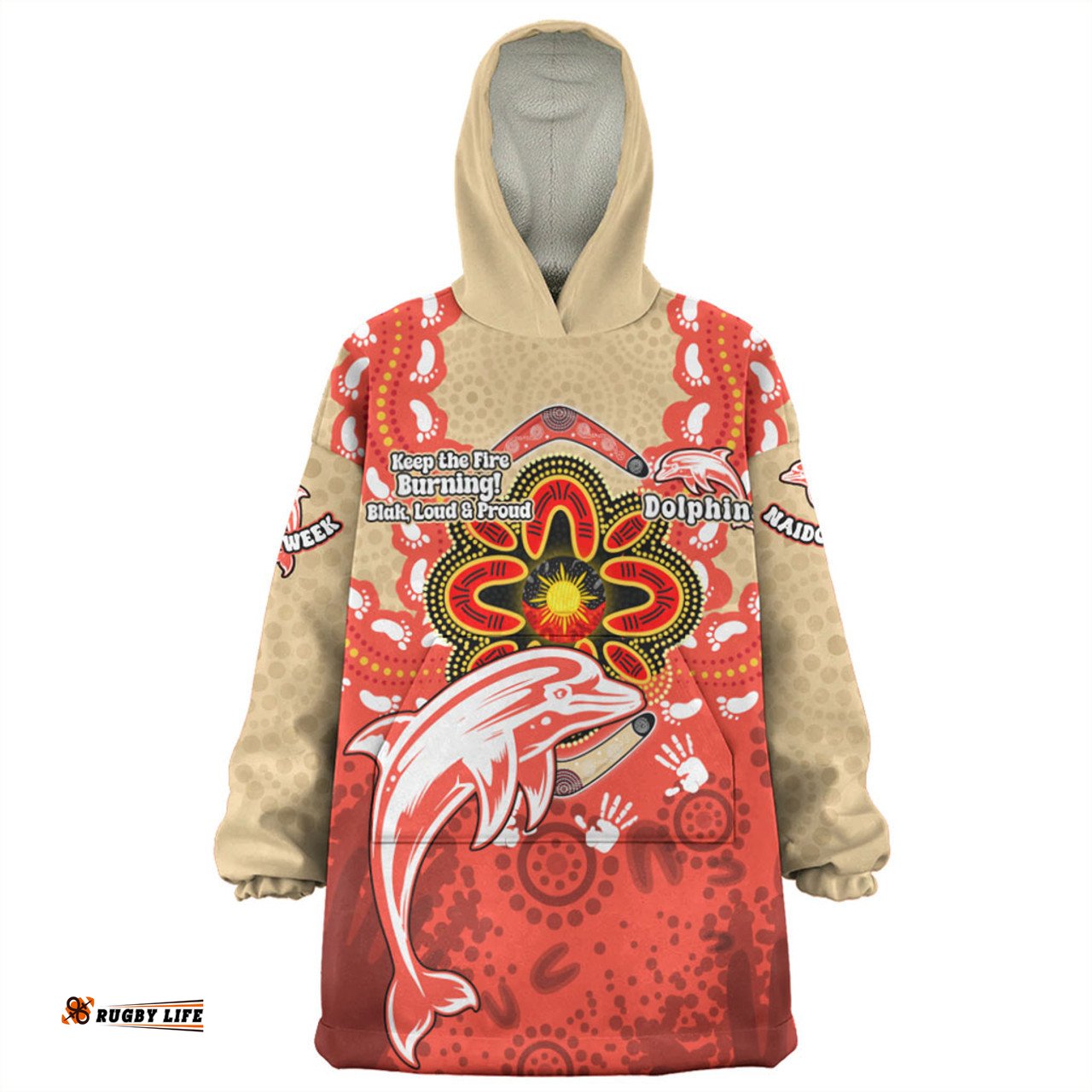 Redcliffe Dolphins Aboriginal Inspired Naidoc Symbol Pattern Wearable Blanket Hoodie Aussie Oodie