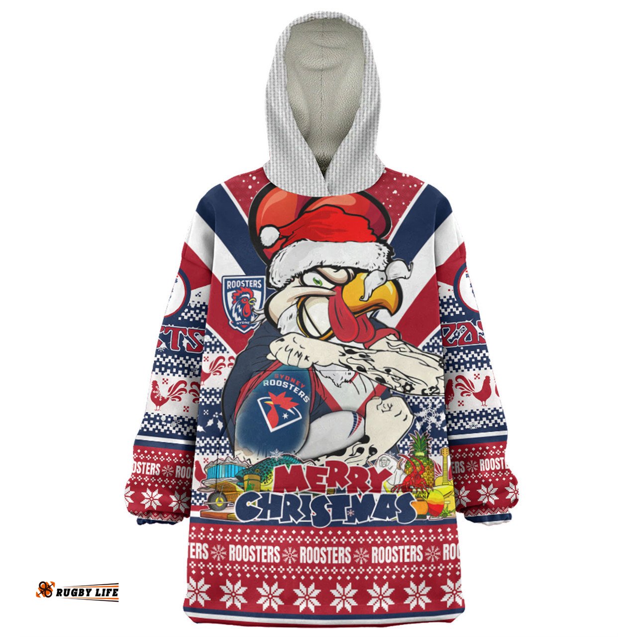 Sydney Roosters Christmas Custom Easts Rooster Santa Aussie Big Things Wearable Blanket Hoodie Aussie Oodie