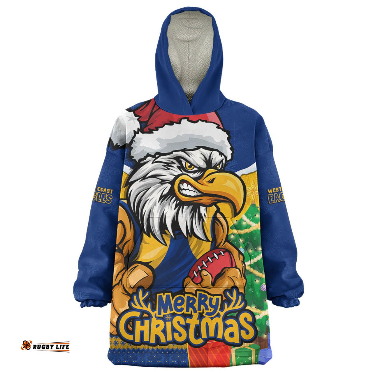 West Coast Eagles Santa Scoring Touchdown On Christmas Game Day Wearable Blanket Hoodie Aussie Oodie