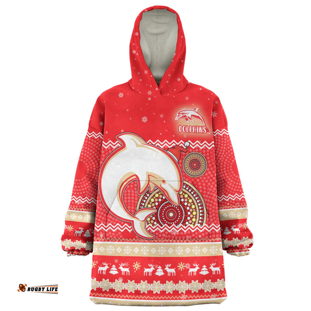 Redcliffe Dolphins Christmas Custom Ugly Xmas And Aboriginal Patterns For Die Hard Fan Wearable Blanket Hoodie Aussie Oodie