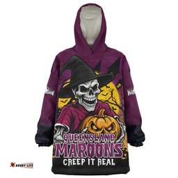 Queensland Maroons Dark Moon Rugby Halloween Battle Edition Wearable Blanket Hoodie Aussie Oodie