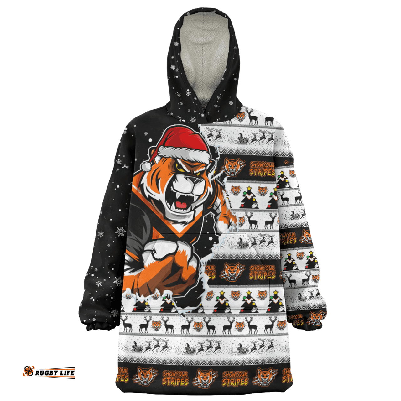 Wests Tigers Merry Ugly Christmas Our Beloved Team Scratch Style Wearable Blanket Hoodie Aussie Oodie