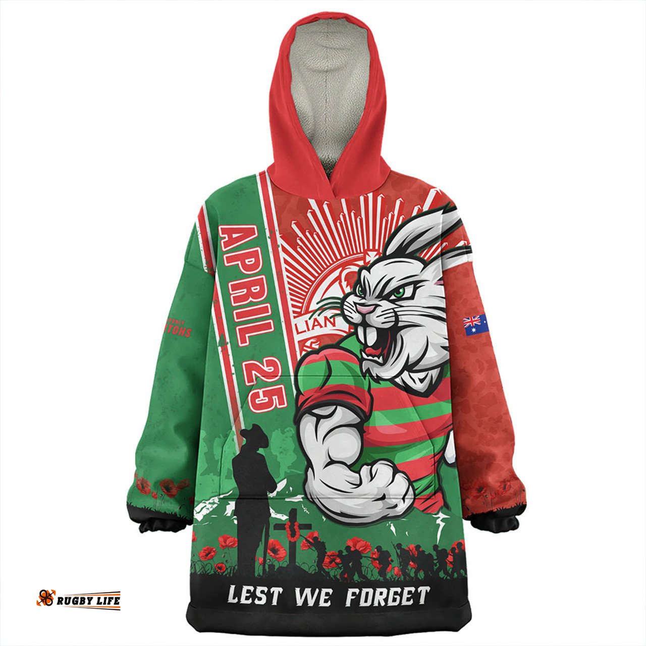 South Sydney Rabbitohs Anzac Day Lest We Forget Strong Fighting Spirit Wearable Blanket Hoodie Aussie Oodie