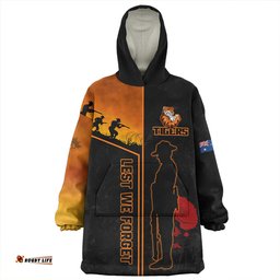 Wests Tigers Anzac Day Lest We Forget Poppy Wearable Blanket Hoodie Aussie Oodie