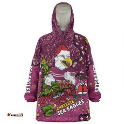 Manly Warringah Sea Eagles Christmas Custom Let's Get Lit Chrisse Pressie Wearable Blanket Hoodie Aussie Oodie