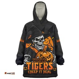 Wests Tigers Dark Moon Rugby Halloween Battle Edition Wearable Blanket Hoodie Aussie Oodie