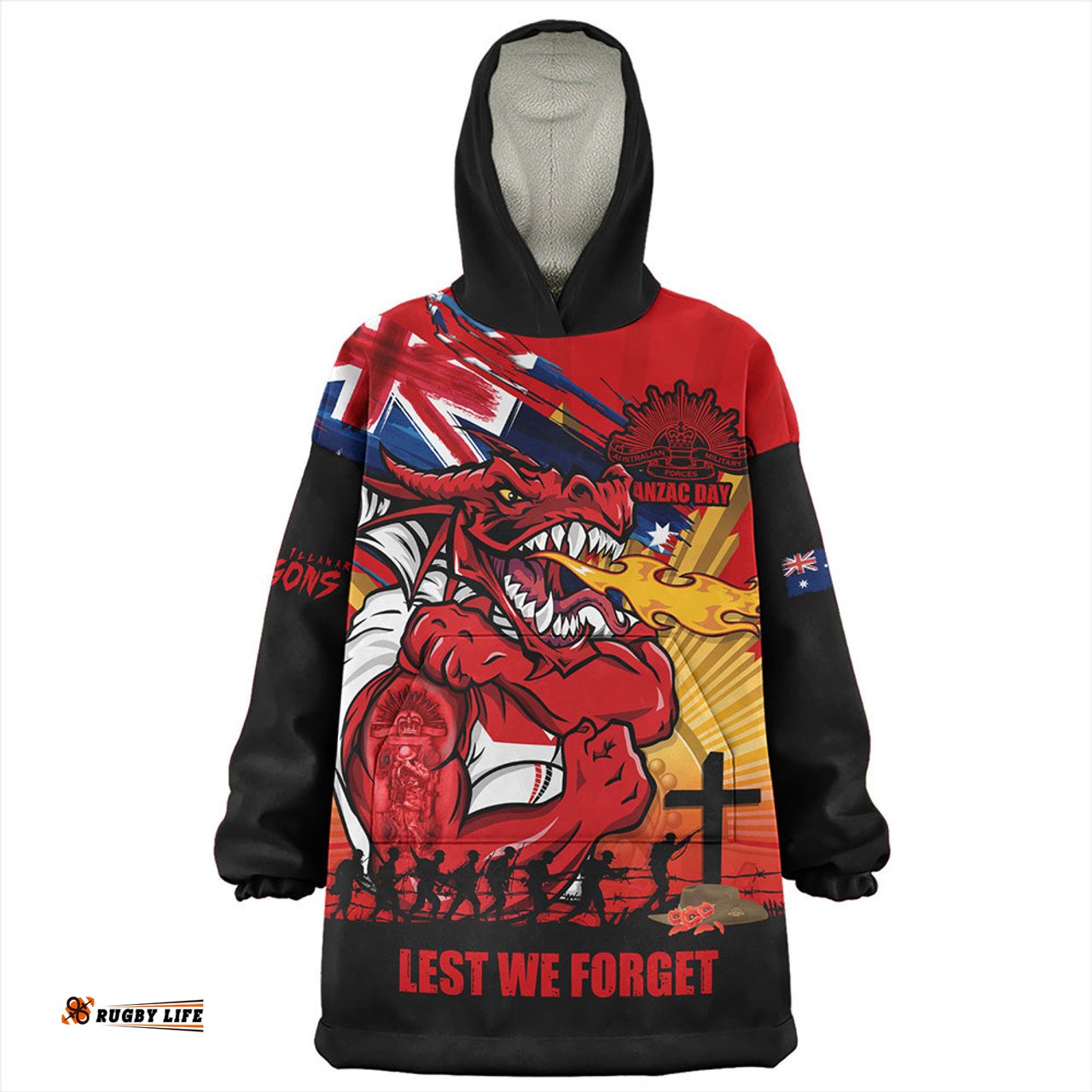 St. George Illawarra Dragons Fearless ANZAC Defender Wearable Blanket Hoodie Aussie Oodie
