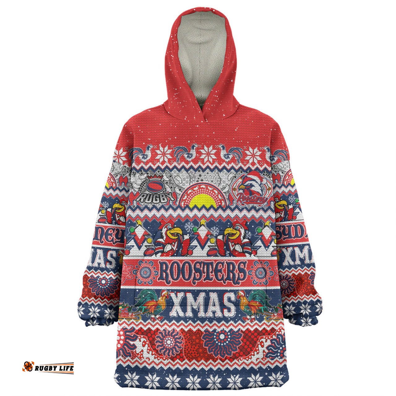 Sydney Roosters Christmas Aboriginal Custom Indigenous Knitted Ugly Xmas Style Wearable Blanket Hoodie Aussie Oodie