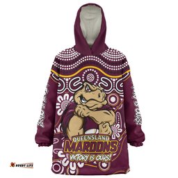 Queensland Maroons Aboriginal Inspired Tough Fan Rugby For Life Wearable Blanket Hoodie Aussie Oodie