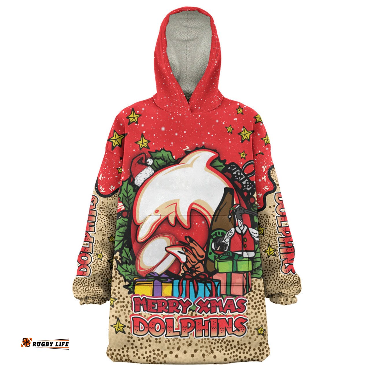Redcliffe Dolphins Christmas Custom Merry Christmas Our Beloved Team With Aboriginal Dot Art Pattern Wearable Blanket Hoodie Aussie Oodie