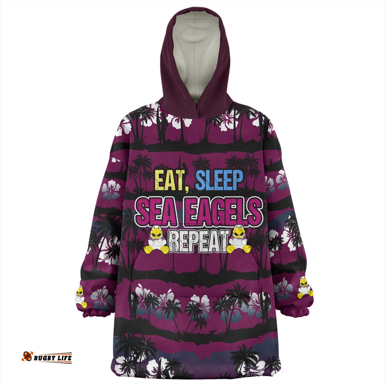 Manly Warringah Sea Eagles Eat Sleep Repeat With Tropical Patterns Wearable Blanket Hoodie Aussie Oodie