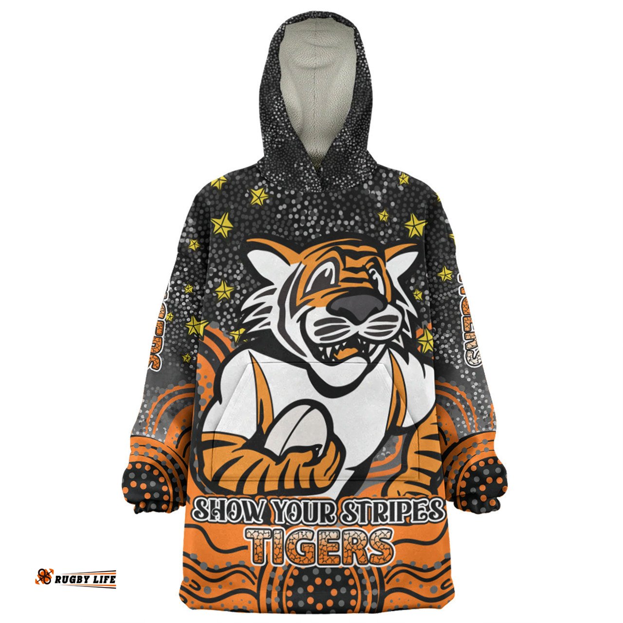 Wests Tigers Custom Custom With Aboriginal Inspired Style Of Dot Painting Patterns Wearable Blanket Hoodie Aussie Oodie