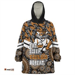 Wests Tigers Tropical Patterns And Dot Painting Eat Sleep Rugby Repeat Wearable Blanket Hoodie Aussie Oodie