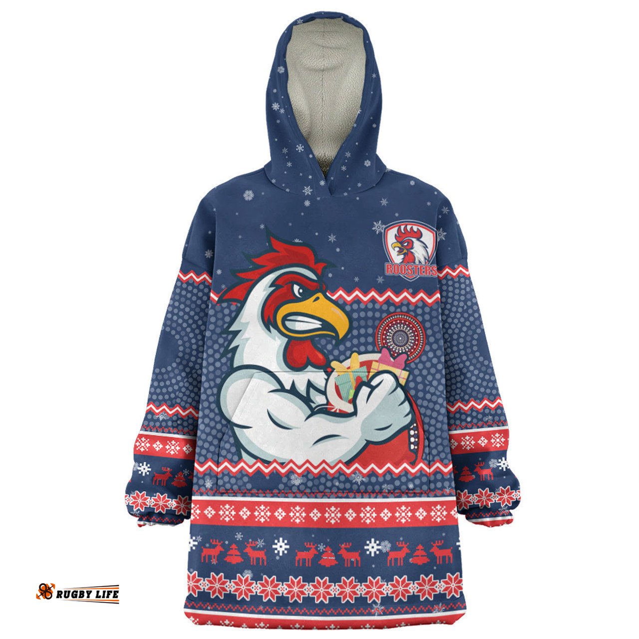 Sydney Roosters Christmas Custom Snug Hoodie - Ugly Xmas And Aboriginal Patterns For Die Hard Fan Snug Hoodie