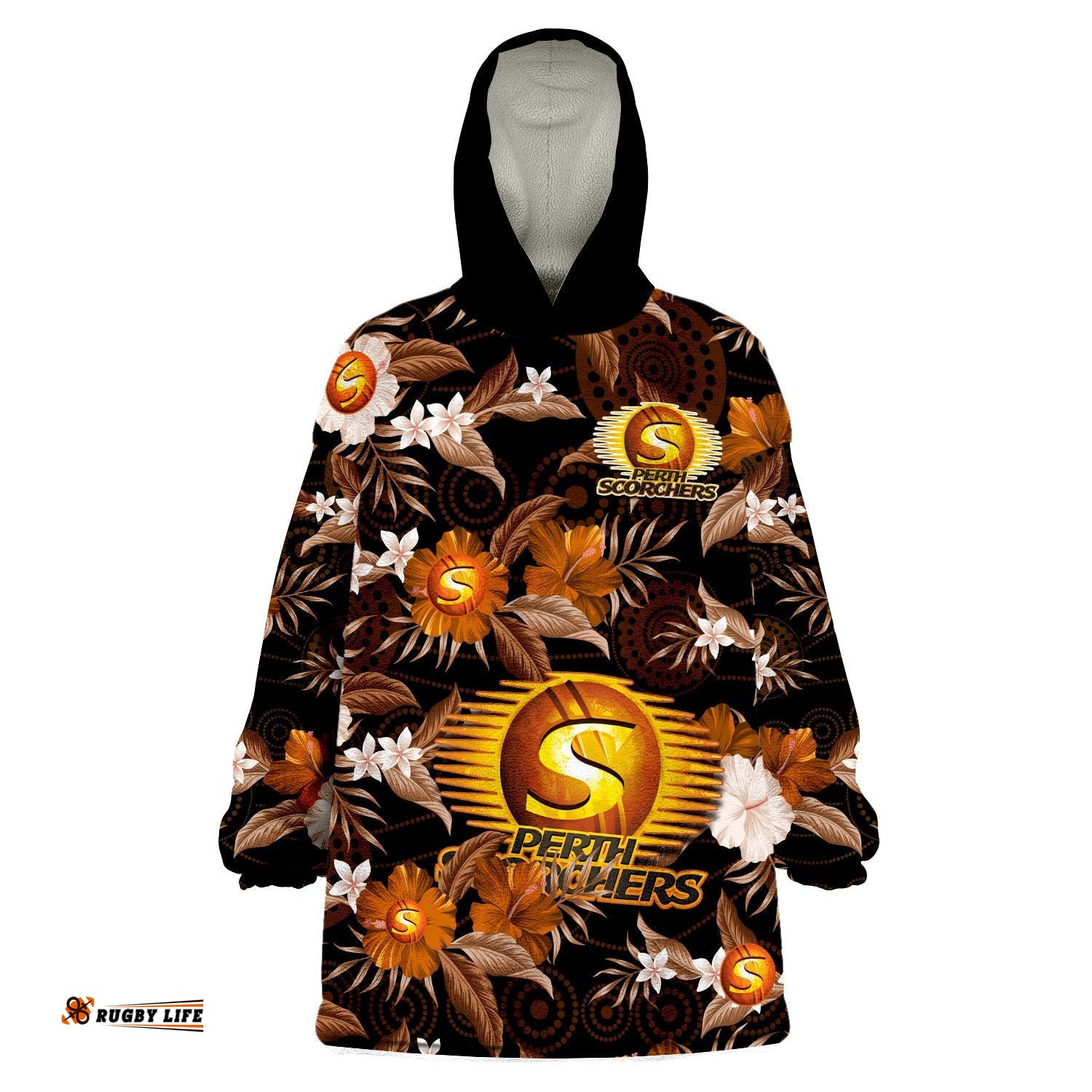 custom text and number perth scorchers cricket wearable blanket hoodie aboriginal art mix tropical flowers