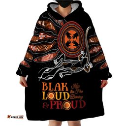 australia naidoc 2024 wearable blanket hoodie blak loud and proud aboriginal lizard art