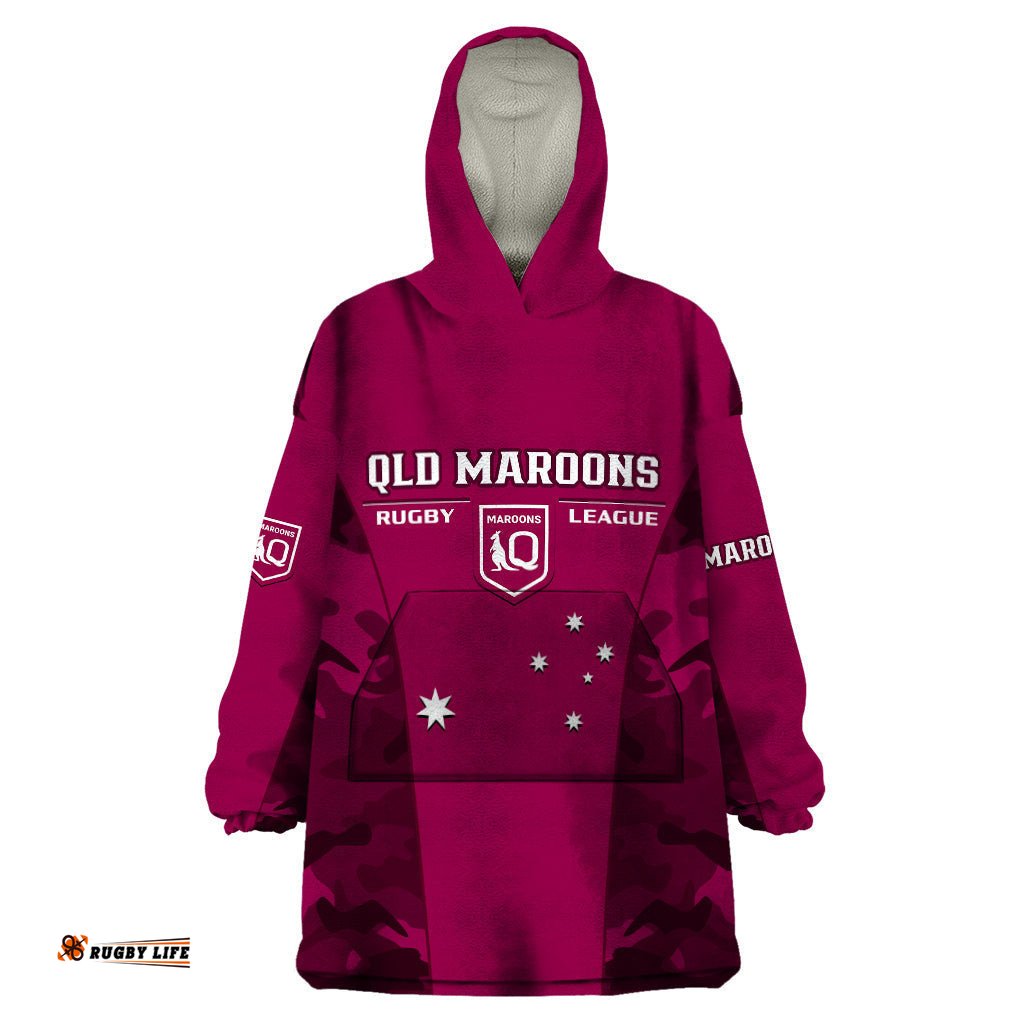 qld rugby wearable blanket hoodie go maroons camouflage sporty style