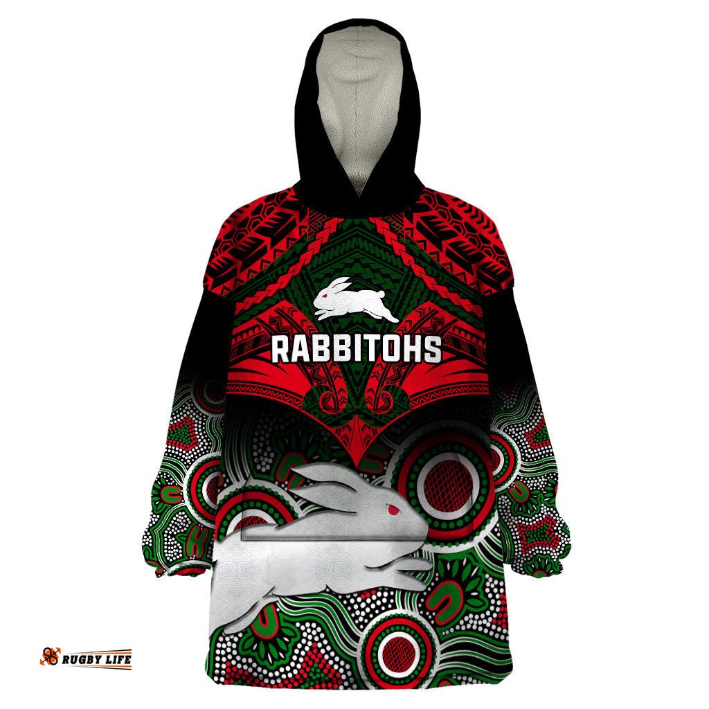 rabbitohs rugby wearable blanket hoodie souths 1908 aboriginal mix polynesian pattern
