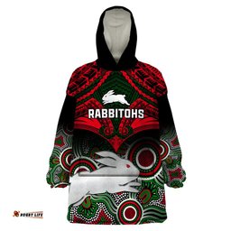 rabbitohs rugby wearable blanket hoodie souths 1908 aboriginal mix polynesian pattern