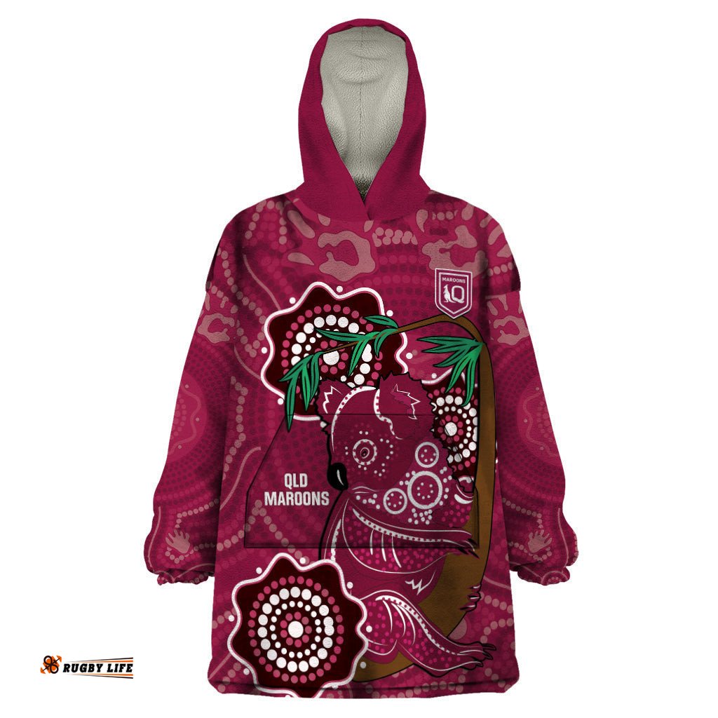 custom queensland maroons rugby wearable blanket hoodie 2024 koala mix aboriginal art