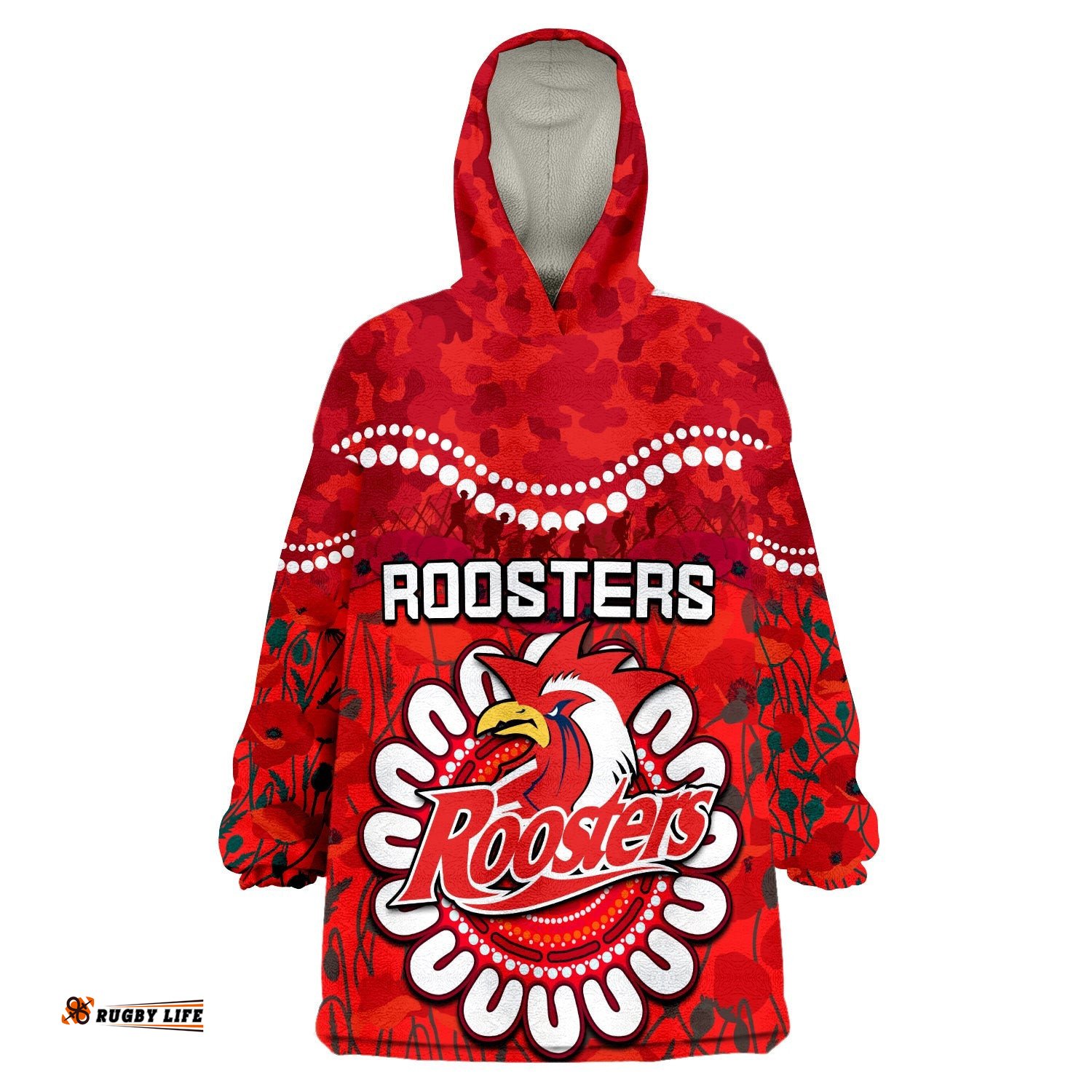 custom personalised roosters rugby anzac wearable blanket hoodie camouflage poppy