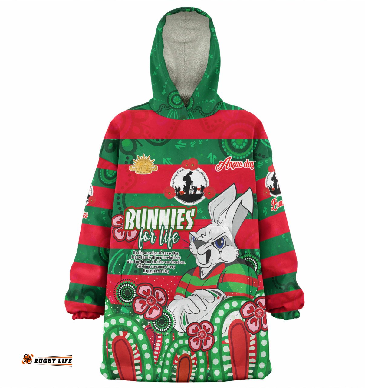 South Sydney Rabbitohs Day Custom Snug Hoodie - Bunnies For Life Anzac Quotes Oodie