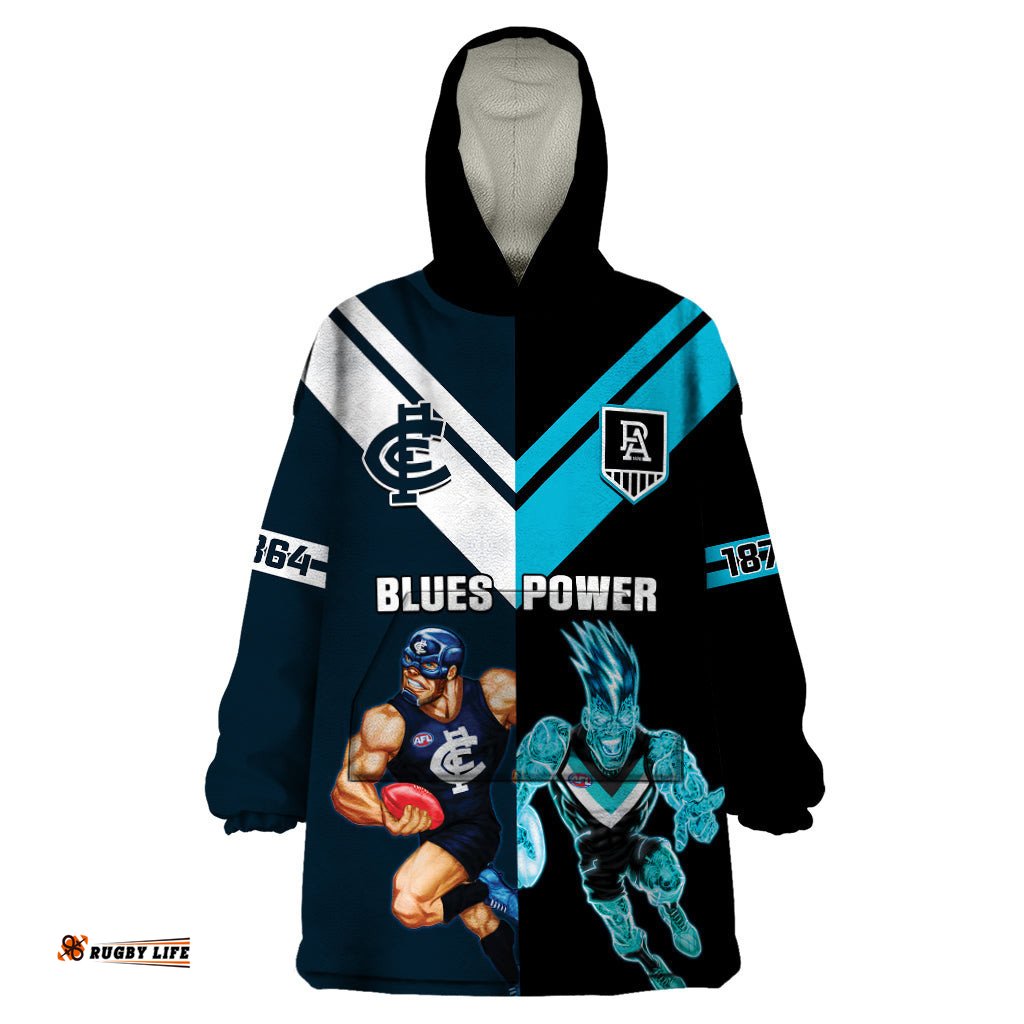 personalised carlton and port adelaide football wearable blanket hoodie blues mix power sporty version